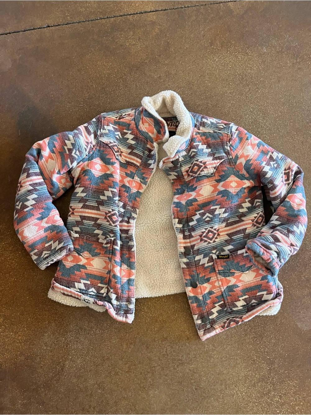 Wrangler Women's Aztec-Print Sherpa Puffer Jacket in Coral, Teal & Gray